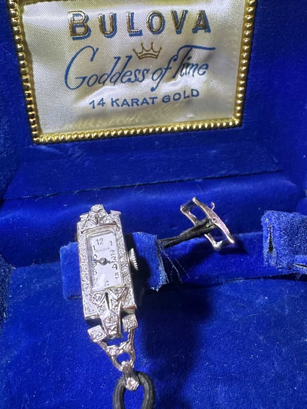 Authentic Diamond & 14K Solid Gold Bulova Art Deco Cocktail Watch & Display Box
